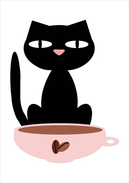 Chat Noir Une Tasse Café Sur Fond Blanc Illustration Vectorielle — Image vectorielle