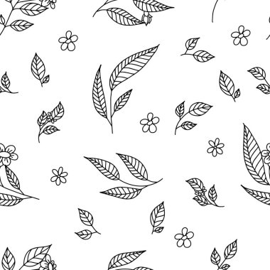 Çiçeklerin Silueti ve beyaz arka planda yapraklar. Kusursuz desen. Vektör illüstrasyonu