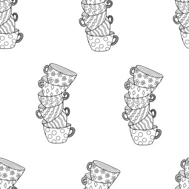 Beyaz arka planda farklı desenlere sahip bir yığın bardak. Kusursuz desen. Vektör illüstrasyonu