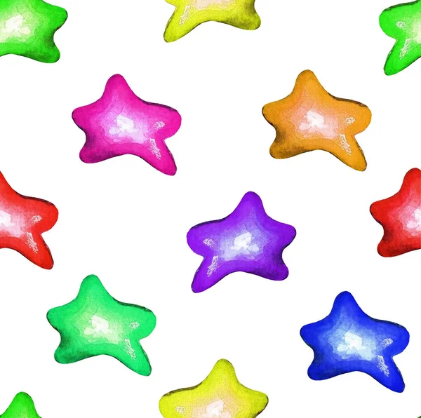 Multicolored Stars White Background Seamless Pattern Watercolor Illustration — Stock Photo, Image