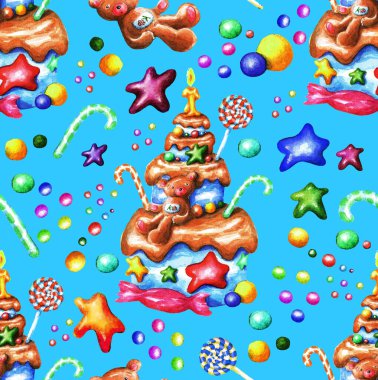 Farklı süslemelerle sarı mavi renkte çocuk pastası. Kusursuz desen. Suluboya çizimi