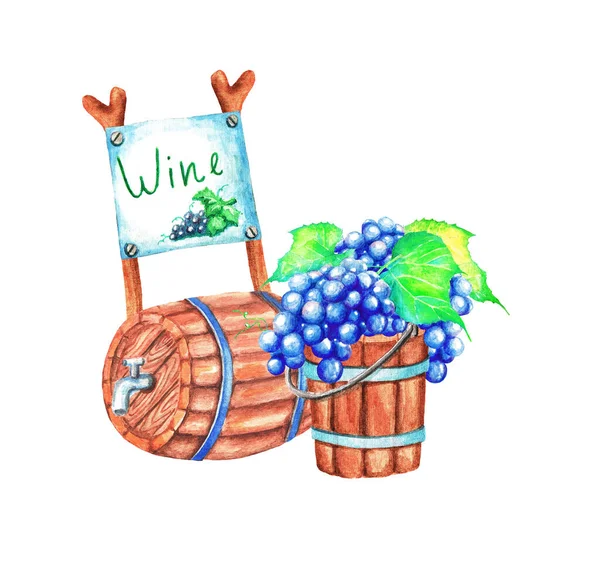 Wooden Bucket Juicy Grapes Signboard Wine Barrel Watercolor Illustration — Stock Photo, Image