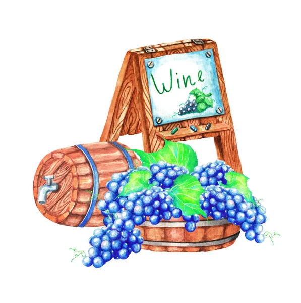 Houten Bassin Met Sappige Druiven Een Uithangbord Een Wijnvat Aquarelillustratie — Stockfoto