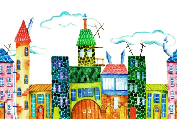 Town. Multi-colored houses on a white background. Seamless pattern. Watercolor illustration