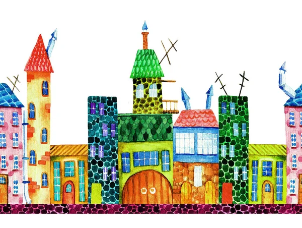Town. Multi-colored houses on a white background. Seamless pattern. Watercolor illustration