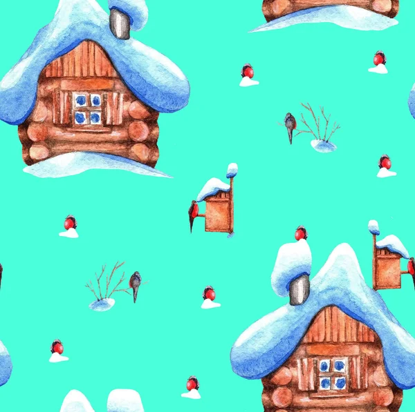 Vinter Akvarell Vintage Hus Täckt Snö Isolerad Vit Bakgrund Sömlöst — Stockfoto