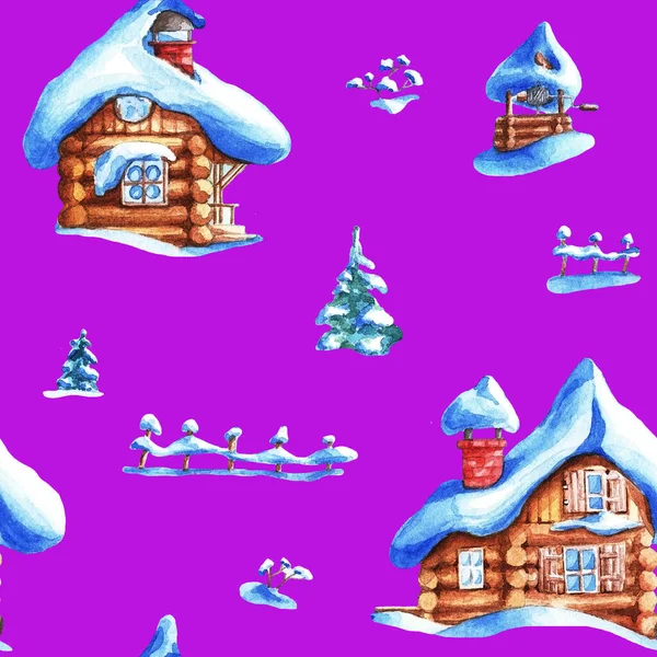 Vinter Landskap Handfärg Akvarell Illustration För Jul Gratulationskort Inbjudan Och — Stockfoto