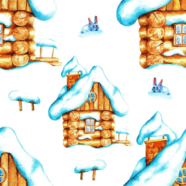 Ξύλινη Καλύβα Χιονοστιβάδα Απρόσκοπτο Μοτίβο Εικονογράφηση Υδατογραφίας — Φωτογραφία Αρχείου