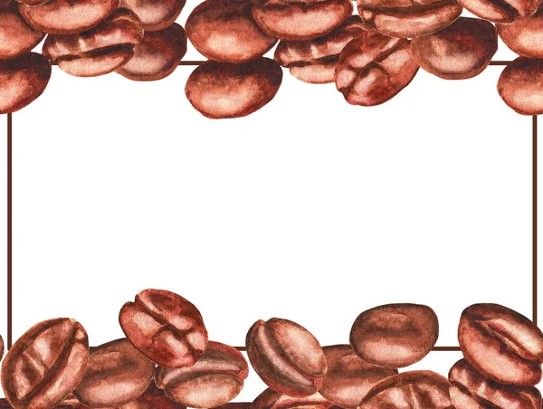 Group Coffee Beans White Background Frame Seamless Pattern Watercolor Illustration — Stock Photo, Image