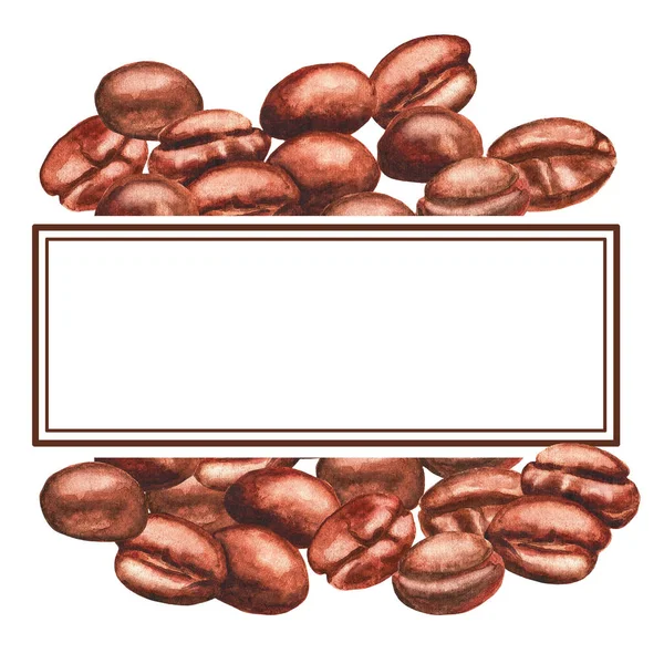 Koffie Frame Koffiebonen Een Witte Achtergrond Aquarelillustratie — Stockfoto