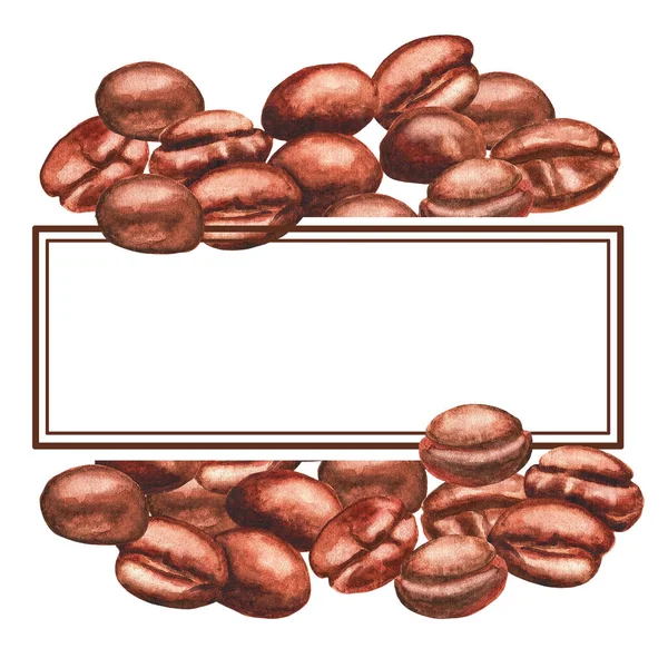 Coffee Frame Coffee Beans White Background Watercolor Illustration — Stock Photo, Image