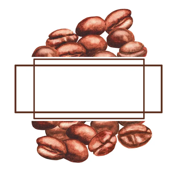 Kaffeerahmen Vorhanden Kaffeebohnen Auf Weißem Hintergrund Aquarellillustration — Stockfoto
