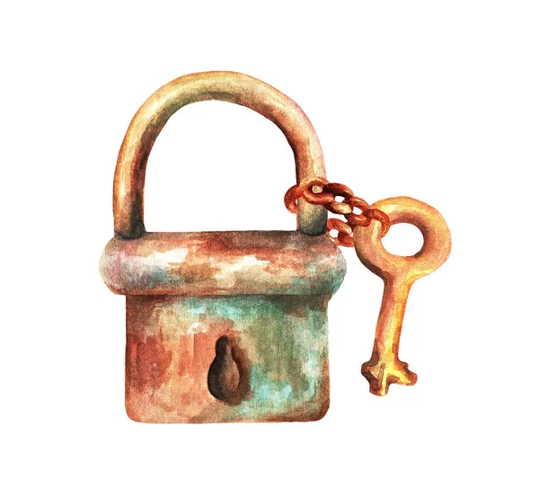 Door Lock Key Chain White Background Watercolor Illustration — Stock Photo, Image