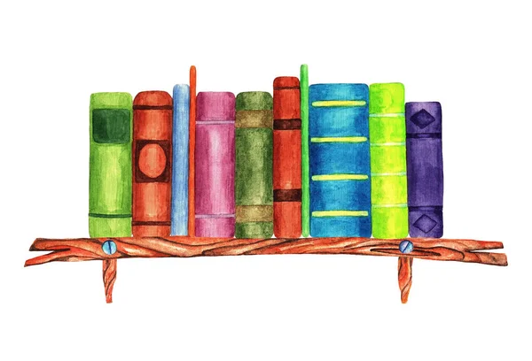 Dřevěné Police Různými Knihami Obrázek Barvy Akvarelu — Stock fotografie