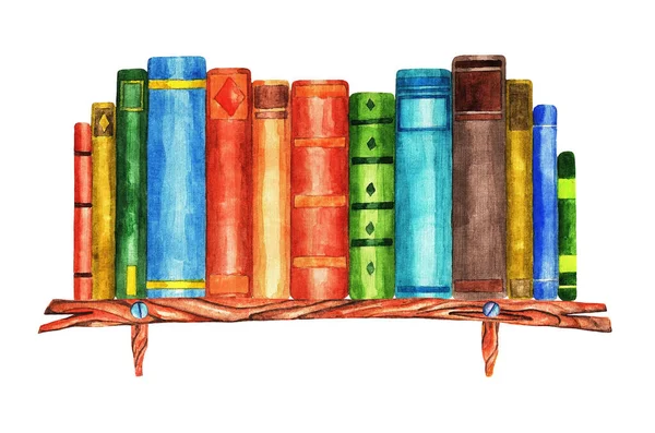 Prateleiras Madeira Com Livros Diferentes Ilustração Aquarela — Fotografia de Stock