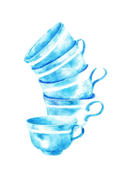 Une Pile Tasses Porcelaine Bleue Illustration Aquarelle — Photo