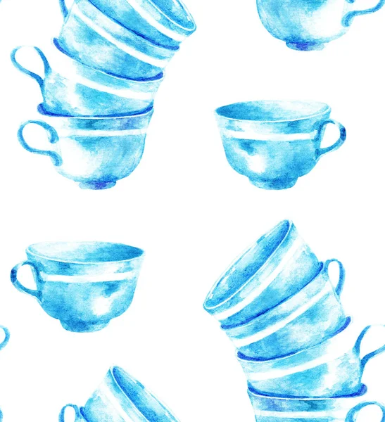 Une Pile Tasses Porcelaine Modèle Sans Couture Illustration Aquarelle — Photo