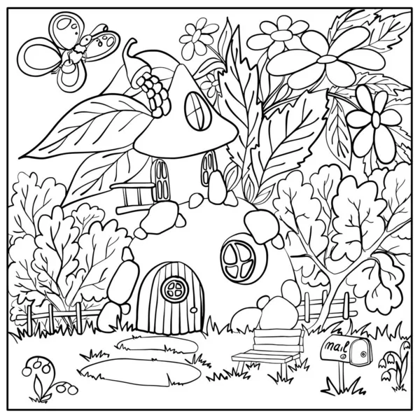 Casa Fadas Floresta Coloração Infantil Ilustração Vetorial — Vetor de Stock