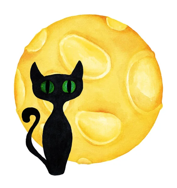 Чёрная Кошка Зелёными Глазами Фоне Большой Жёлтой Луны Акварель — стоковое фото