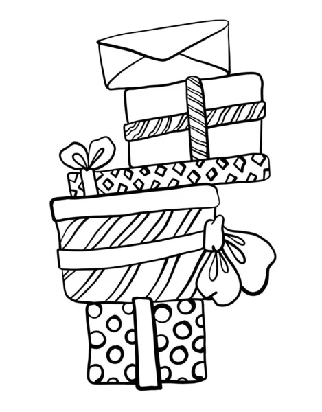 Stack Gifts Tied Ribbons Coloring Vector Illustration — Stock Vector