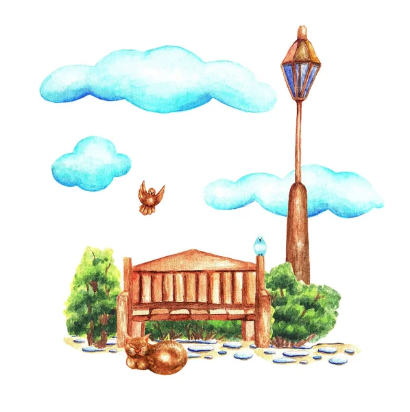 エメラルドブッシュを背景にした木製のベンチと街灯 寝ている猫と遊び心のある鳥 水彩画 — ストック写真
