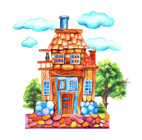 Wooden House Background Trees Clouds Watercolor Illustration — Stock Photo, Image