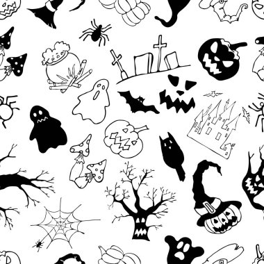 Cadılar Bayramı siluet karakter koleksiyonu kutlama, şablon ve dekorasyon için. Kusursuz desen. Vektör illüstrasyonu