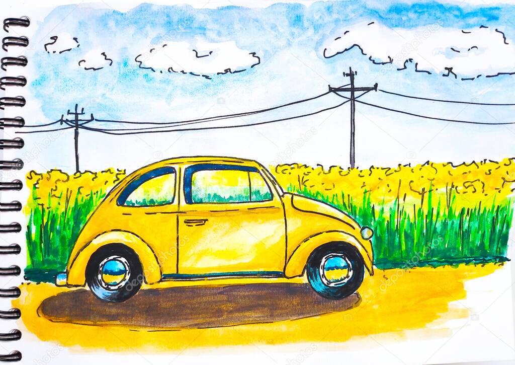 Vintage yellow car near the field