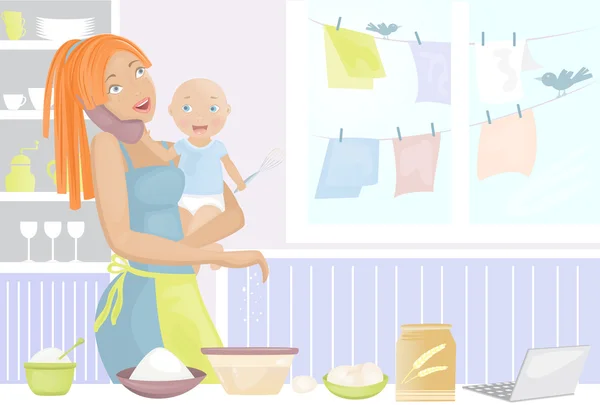 Matka z dzieckiem na kuchni mówiąc na telefon — Wektor stockowy