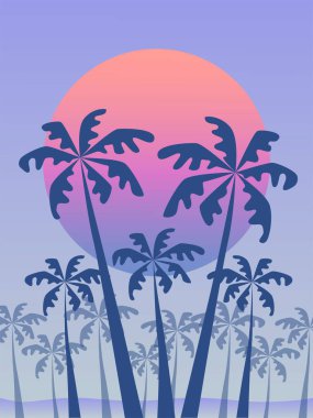 Parlak bir arka planda palmiye ağaçlarının siluetleri. Sıcak bir gevşeme atmosferi ve tropik bölgeler yaratır. Yaz dekoruna uygun..