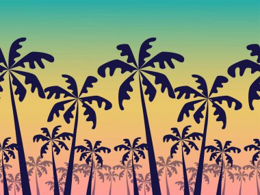 Parlak bir arka planda palmiye ağaçlarının siluetleri. Sıcak bir gevşeme atmosferi ve tropik bölgeler yaratır. Yaz dekoruna uygun..