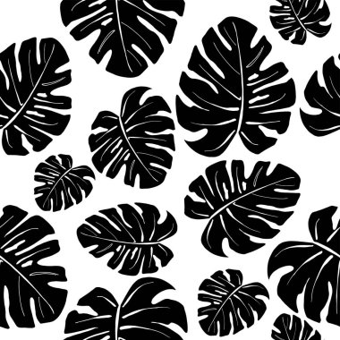 Canavar yapraklarının parlak deseni. Tropik bir atmosfer yaratıyor, yaz ve dinlenme. Kumaş ve kırtasiyeye yazdırmak için uygun.