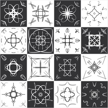 Seramik fayans tasarımının geniş vektör kümesi. Elle çizilmiş etnik tarz modelleri. Sembol şablonları iç tasarım, logo, doğu dekoru, mandalas, yoga için uygundur.