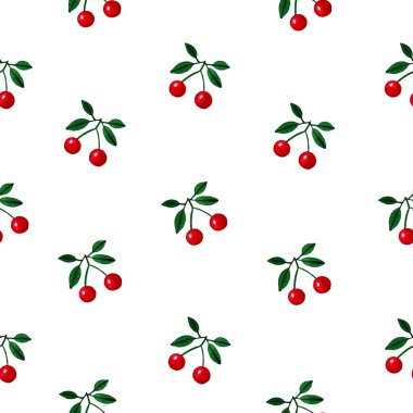 Sulu kırmızı kiraz ve yeşil yapraklı suluboya deseni. Parlak yaz baskısı.