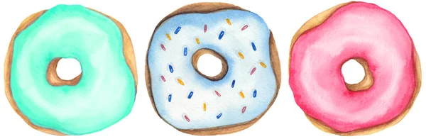 Helle Aquarell Illustration Von Mehrfarbigen Donuts Appetitlich Süßes Gebäck Geeignet — Stockfoto