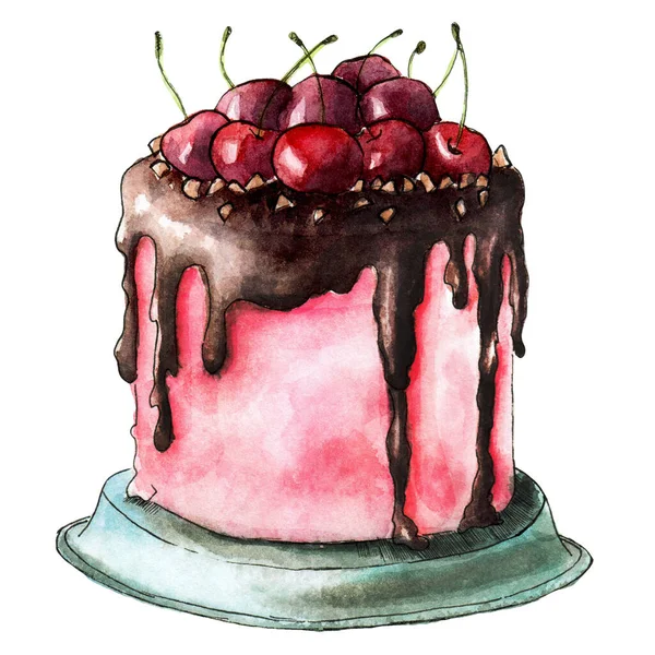 Ízletes Akvarell Torta Cseresznyével Desszertet Csokoládé Bogyók Borítják Nagyon Fincsi — Stock Fotó