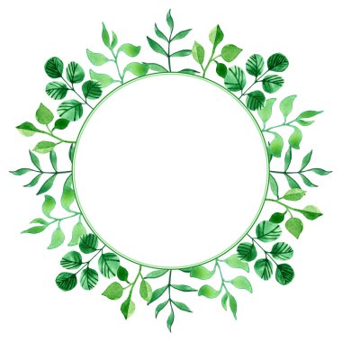 Sulu boya ile boyanmış yeşil yaprakların yuvarlak çerçevesi. Parlak ve renkli çizimler. Kartpostalları ve doğal ürünleri süslemek için uygun.
