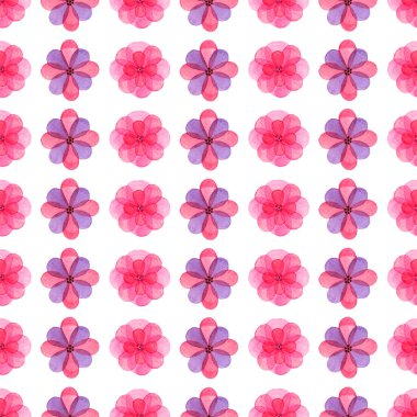 Pembe ve mor çiçeklerin suluboya desenleri klasik tarzda. Romantik bir hava yaratıyor. Kumaş ve kırtasiyeye yazdırmak için uygun.