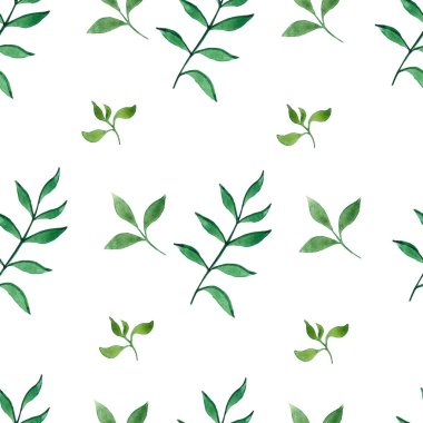 Yeşil yaprakların suluboya deseni. Güzel bir klasik resim. Kumaş ve kırtasiyeye yazdırmak için uygun.