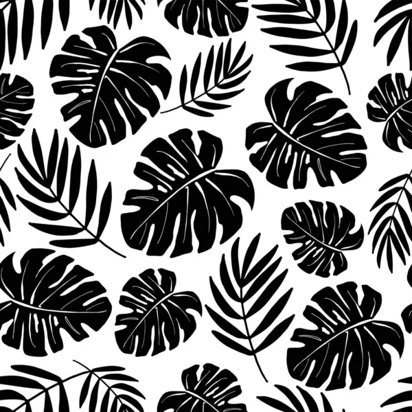 Padrão Vetorial Preto Branco Várias Folhas Plantas Tropicais Para Decoração — Vetor de Stock