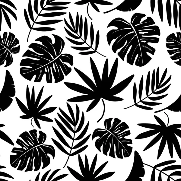 Padrão Vetorial Preto Branco Várias Folhas Plantas Tropicais Para Decoração — Vetor de Stock