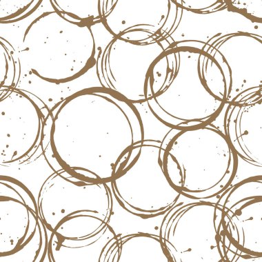 Kahve lekeleri ve damlaların kusursuz deseni. Beyaz arkaplanda soyut arkaplan izole edildi.