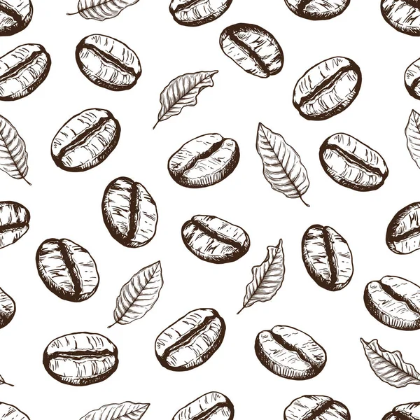 アウトラインコーヒー豆と透明感のある背景に葉とベクトルシームレスパターン パッケージデザイン カフェやレストラン 食品のための — ストックベクタ
