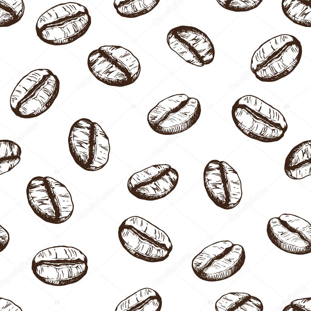 Vector seamless pattern with outline coffee beans on a transparent background. For packaging design, cafes and restaurants, food products.