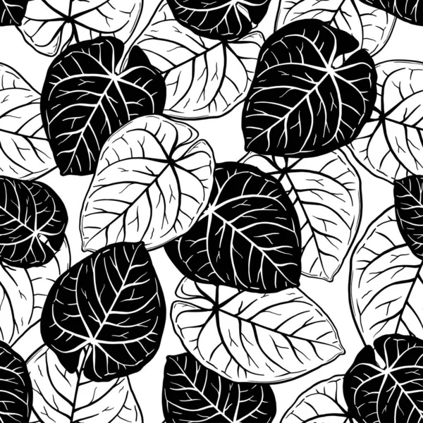 白い背景に熱帯の葉を持つ黒と白のベクトルシームレスなパターン 夏の装飾用 — ストックベクタ