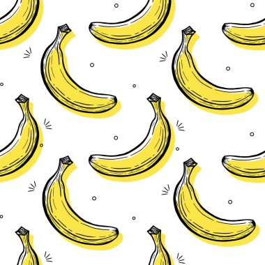 Beyaz bir zemin üzerinde muz olan parlak, pürüzsüz bir desen. El yapımı. Paket kağıdı, afiş, baskı, poster, yemek.