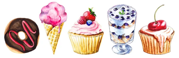 Набор Акварельных Иллюстраций Десерта Пончик Мороженое Торт Тирамису Кекс Сделано — стоковое фото