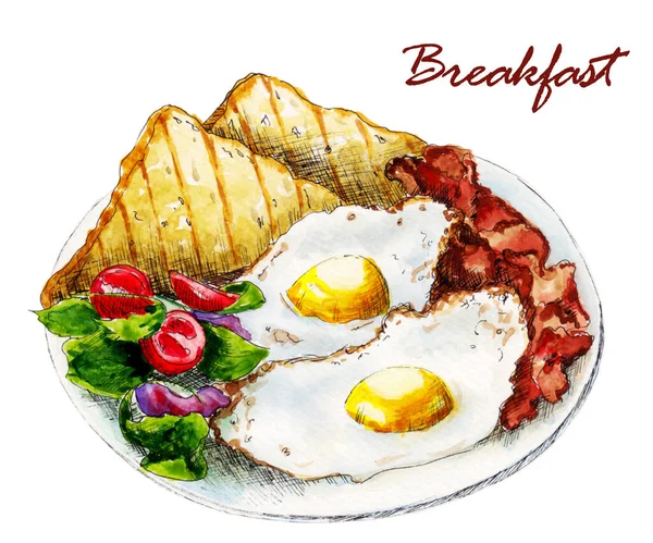 Beyaz arka planda suluboya tarzında geleneksel bir kahvaltı tasviri. Çırpılmış yumurta, pastırma, domates, şifalı ot ve tost. Kafe menüleri, restoranlar, yemek dekorları için..