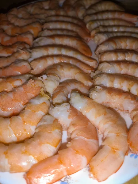 Cooked Peeled Whole Prawns Placed Together White Plate Typical Seafood — Stock Photo, Image