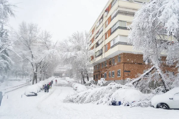 Madrid España Enero 2021 Calles Completamente Cubiertas Por Nieve Caída — Foto de Stock